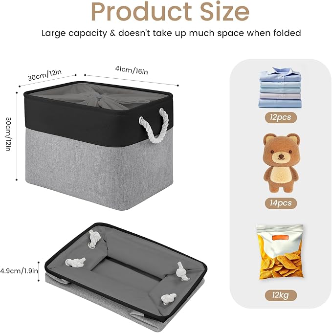 Large Storage Baskets- 16x12x12 inch Storage Bins for Shelves and Closet Organizing, Foldable Fabric Bin for Home Organization Clothes and Laundry (1-Pack, Black&Gray)