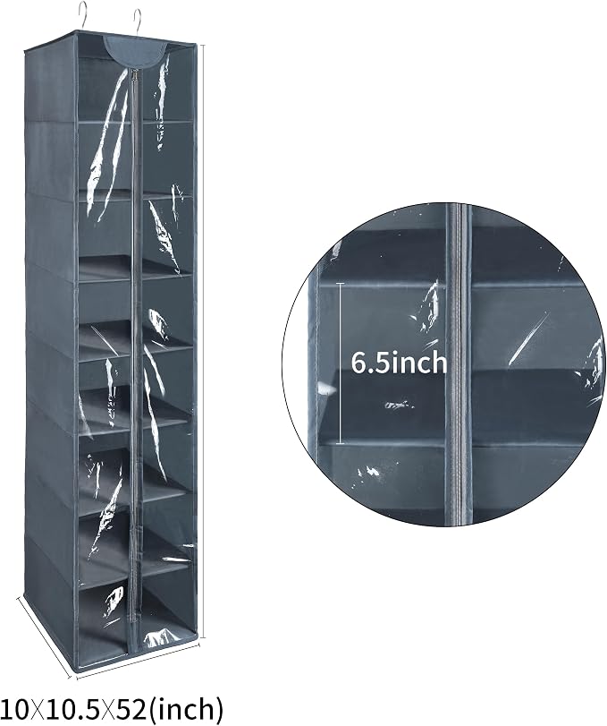 8 Tier Clear PVC Hanging Organizer With Zipper, Sweater Storage Shelves With Cover, Shoe Organizer for Closet, Grey