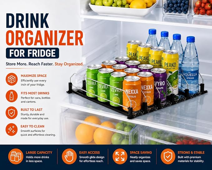 Drink Organizer for Fridge with Cleaning Brush, Soda Can Dispenser for Refrigerator, Automatic Drink Dispenser for Fridge Holds up to 25 Cans, 5 Row Adjustable Organizer with Smooth Pusher Glide Black