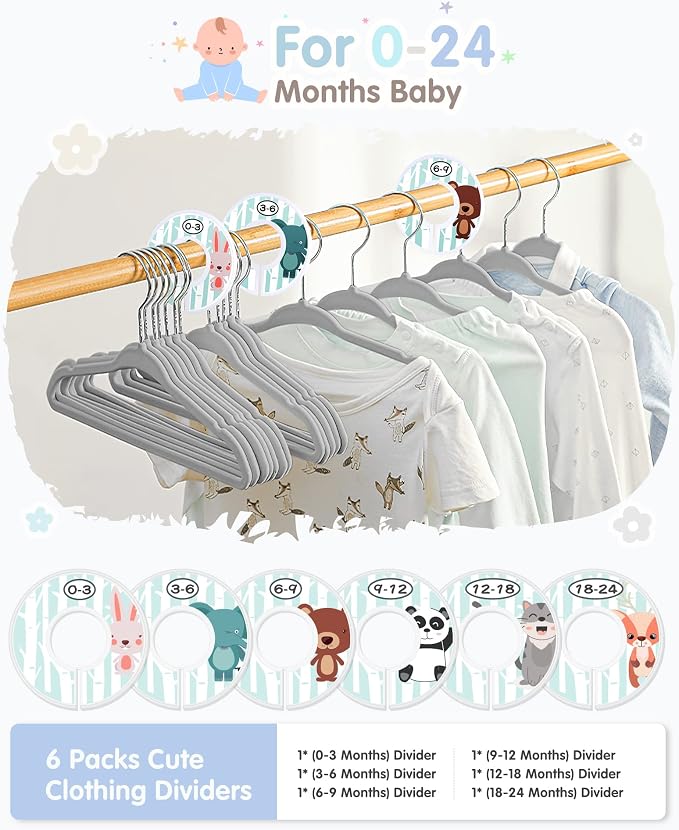 VIS'V Velvet Baby Hangers with 6 Pcs Size Dividers, 11 Inch, Gray, 50 Pcs | Compact Size, Non Slip, Infant Toddler Nursery Closet Organization