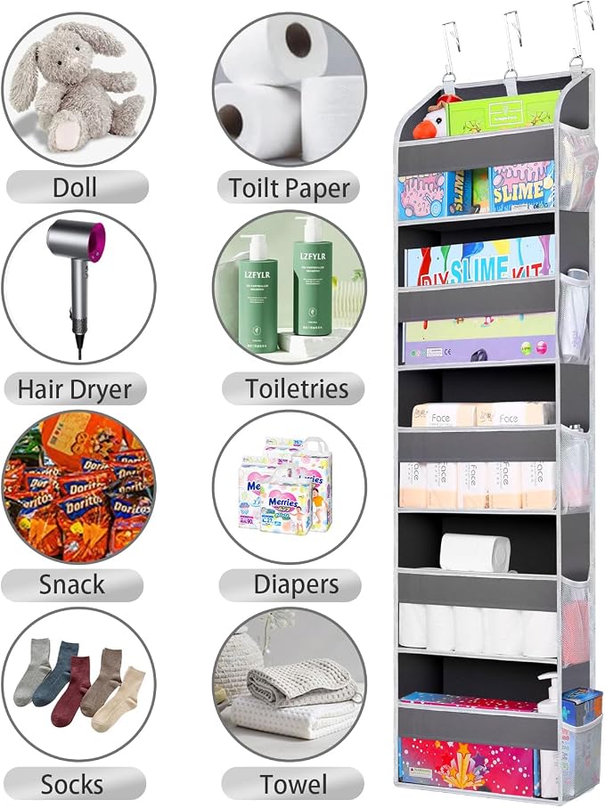 TAHAVICE 2 Pack Over the Door Storage Organizer, 5 Large & 10 Mesh Pockets | Hanging Storage Organizer with 40lb Capacity and Door Storage Space Saving for Bedroom,Bathroom,Nursery,Babyroom(Dark Gray)
