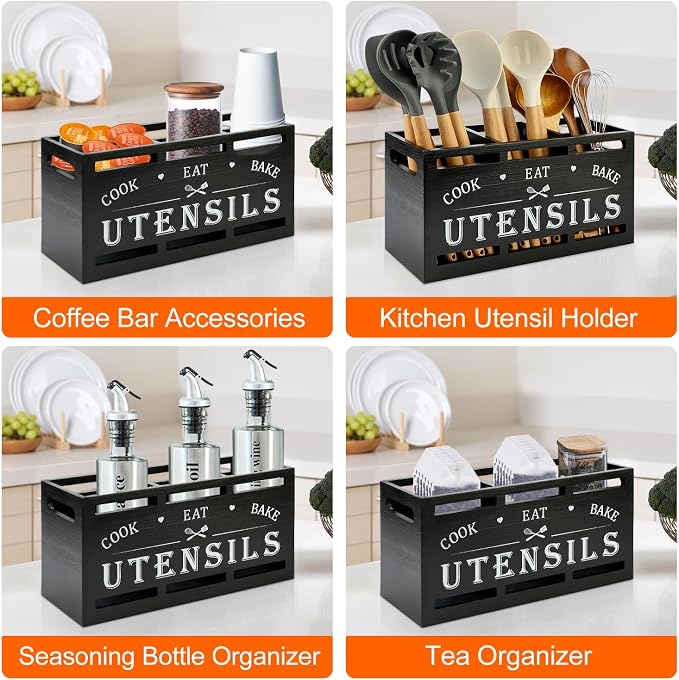 Large Black Wood Utensil Holder for Kitchen Decor Spoon Spatula Organizer | Wooden Cooking Utensils Holder for Kitchen Countertop Silverware Caddy Farmhouse Utensil Crock Big Kitchen Tools Spoon Holder