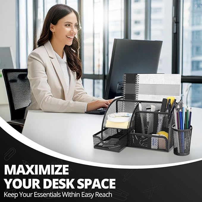 Flexzion Desk Caddy Organizer Set (Black) - Metal Mesh Desktop Caddy with Drawers, 6 Compartments, and Pencil Holder for Women & Men - Desktop Organizer and Storage for Work or Office Supplies | Compact desktop caddy with separate pen holder; 8.7 x 5.5...
