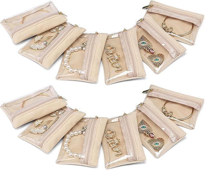 VLANDO Jewelry Travel Case,Travel Jewelry Organizer with Clear Velvet Jewelry Bags Zipper Pouch for Women Girl Gift 12Pcs Bag