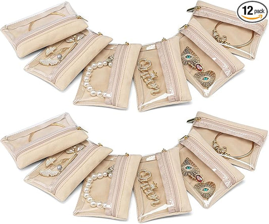 VLANDO 12 Pcs Travel Jewelry Organizer Velvet Jewelry Pouch with Zipper Clear Travel Jewelry Bag for Travel Business Trip Mother‘s Day Gift for Mom Wife Women