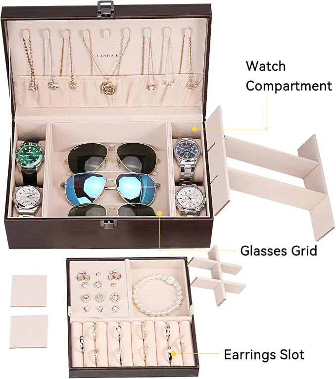 LANDICI Jewelry Box Organizer for Men Women, 2 Layer 4 Slot Watch Storage Case with Removable Tray, PU Leather Large Jewellery Holder Display for Watches Sunglasses Rings Earrings Necklace, Coffee