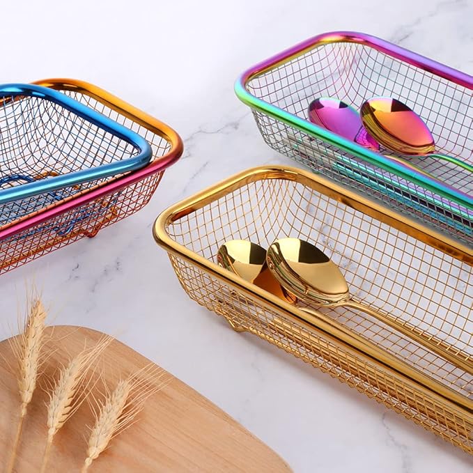 Kitchen Drawer Organizer, Stainless Steel Storage Container Rose Gold Metal Cabinet Storage Basket for Holding Silverware Kitchen Utensil, Pack of 2