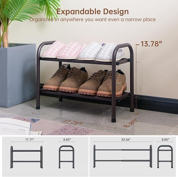 Gonfoam Shoe Rack for Closet, Expandable Shoe Organizer Storage Shelf, Adjustable Metal Free Standing Small Closet Shoe Rack for Entryway, Doorway (2-Tier Bronze)