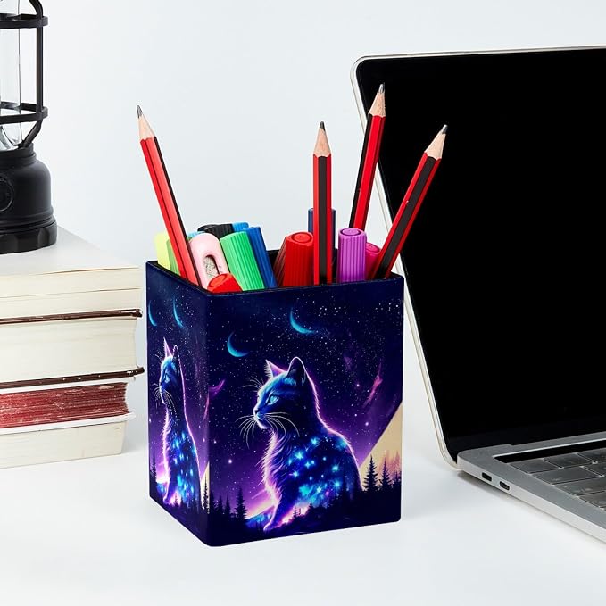 Pen Holder for Desk, Fantasy Purple Starry Sky Cat Pencil Holder, Pen Cup Functional Desk Organizer for Office Supplies