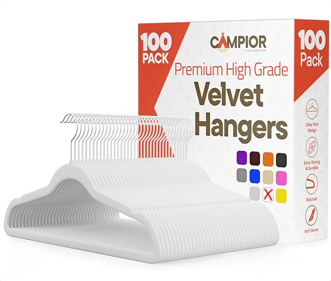 White Velvet Hangers 100 Pack – 360° Swivel Hook, Non-Slip and Space Saving Hangers, Heavy-Duty 11 lbs Weight Capacity - Smooth Velvet Finish for Crease-Free Clothes and Effortless Closet Organization