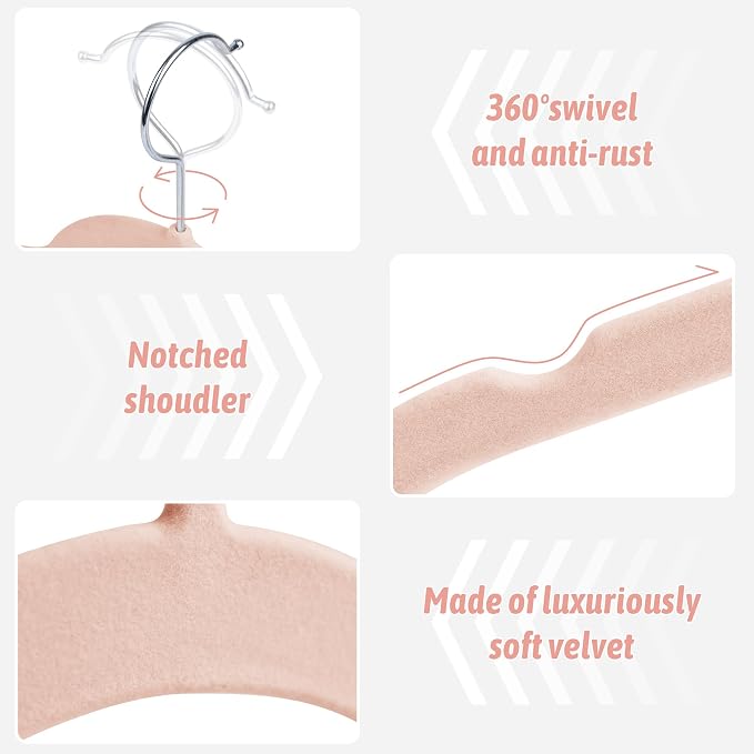Sishynio Premium Velvet Shirt Hangers 50 Pack, Non-Slip 360° Swivel Hook Space-Saving Felt Hanger, Slim Flocked Hangers for Blouses, Strappy Dresses, Tank Tops(Pink)