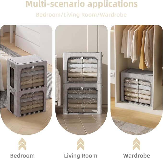 FHSQX 2 Pack Clothes Storage Bins, Light Gray, 16.5x12.2x12.2 Inch | ‎Portable, Large Clear Window, Stackable, Durable Handles, Foldable