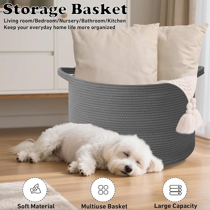 115L Extra Large Blanket Basket,Woven Rope Laundry Basket Hamper with Handles, Decorative Nursery Basket Storage Bin for Toys, Clothes Organizer, Living Room, Bedroom, Bathroom, Dark Gry