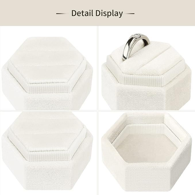 DesignSter Hexagon Velvet Ring Box - Premium Gorgeous Vintage Double Ring Display Holder with Detachable Lid for Proposal, Engagement, Wedding, Ceremony (Beige)