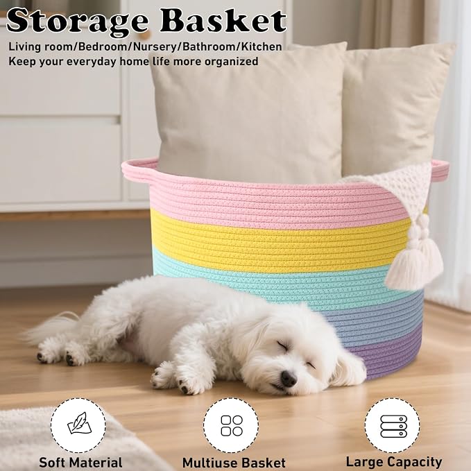 65L Large Blanket Basket,Woven Rope Laundry Basket Hamper with Handles,Decorative Nursery Basket Storage Bin for Toys, Pillows , Clothes Organizer, Living Room, Bedroom, Bathroom, Colorful