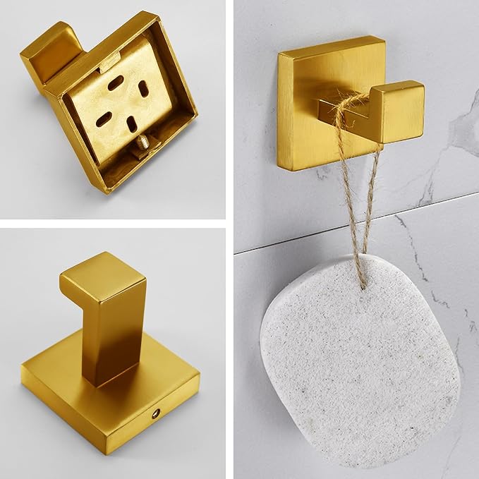 Nolimas Towel Hook Stainless Steel Bathroom Rustproof Clothes Towel Coat Hook Wall Mounted Square Toilet Kitchen, Heavy Duty Door Hanger, 4 Pack, Brushed Gold