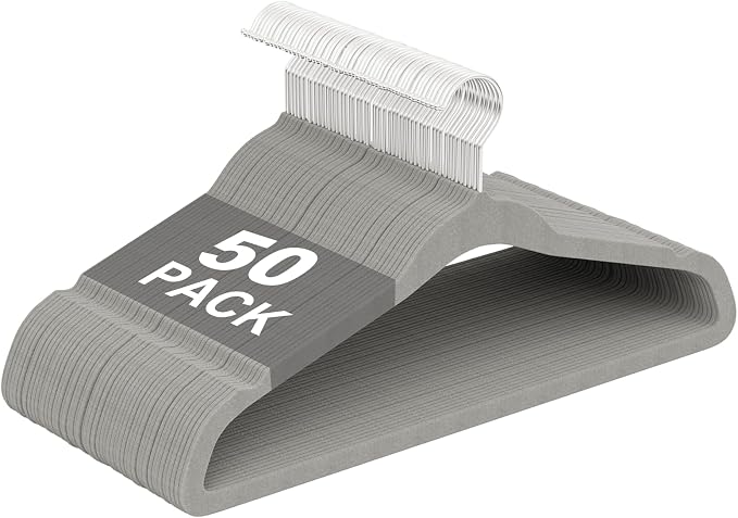 Velvet Hangers 50 Pack, Non Slip Clothes Hangers with Shoulder Notches, Slim Felt Hanger with 360° Swivel Hook, Space-Saving, Heavy Duty, for Coat, Shirt, Pants, Dress, Suits, Gray