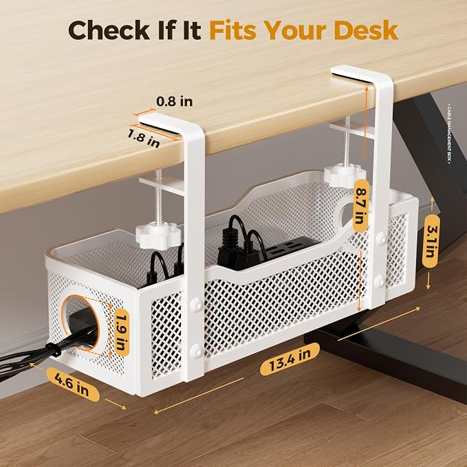4 Pack Under Desk Cable Management Box White, Cinati 53.6" Wire Organizers No Drill, Cord Organization Tray with Clamp for Office, Home - No Damage to Desk
