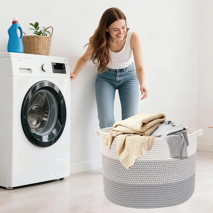 115L Extra Large Blanket Basket,Woven Rope Laundry Basket Hamper with Handles, Decorative Nursery Basket Storage Bin for Toys, Clothes Organizer, Living Room, Bedroom, Bathroom, Grey