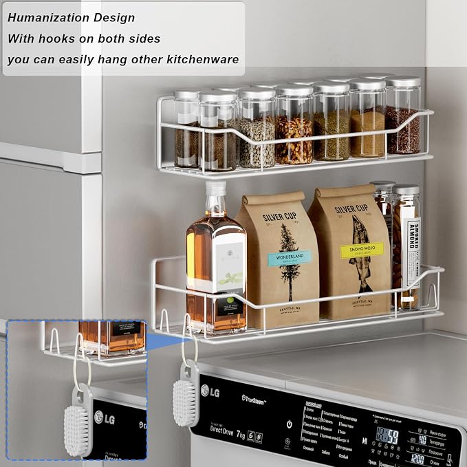 Magnetic Spice Rack for Refrigerator,8 Pack Magnetic Fridge Shelf, Moveable Spice Organizer with Hook Rack, Paper Towel Holder, Utensil Holder,cup lid holder, Super Magnetic Rack Set (White)