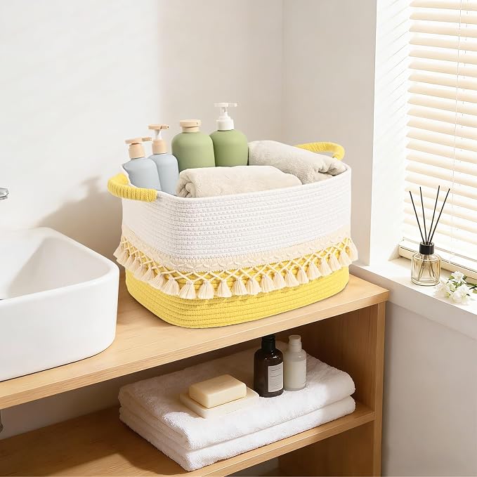 2 Pack Storage Basket for Shelves, Boho Cotton Rope Storage Bins with Heavy Tassel, Shelf Baskets Large Woven Baskets for Organizing, Cube Organizer Bins, Baby Laundry Basket for Clothes, Toys, Pets