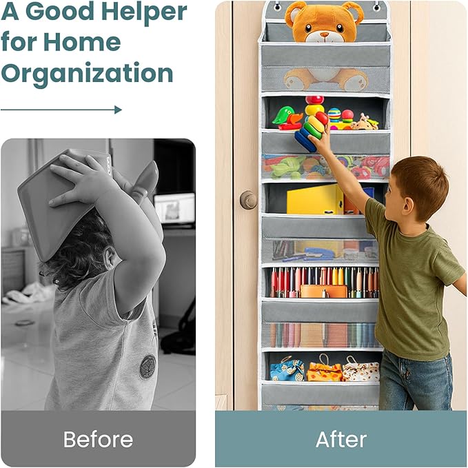Easy Assembly Over The Door Organizer, 5 Shelves& 8 Side Pockets, Heavy-Duty Reinforced Mesh Rack Holds 44lb, Hanging Behind Door Storage for Bathroom Pantry, Nursery, Closet, Shoes, Towels-Grey