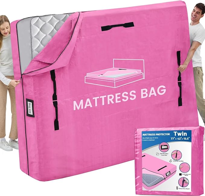 Mattress Bags for Moving and Storage, BETU Twin Mattress Protector Waterproof Mattress Cover with 8 Heavy Duty Handles and Zipper Extra Thick Moving Supplies for Dorm Bed Reusable (77x42x13.5 Pink)