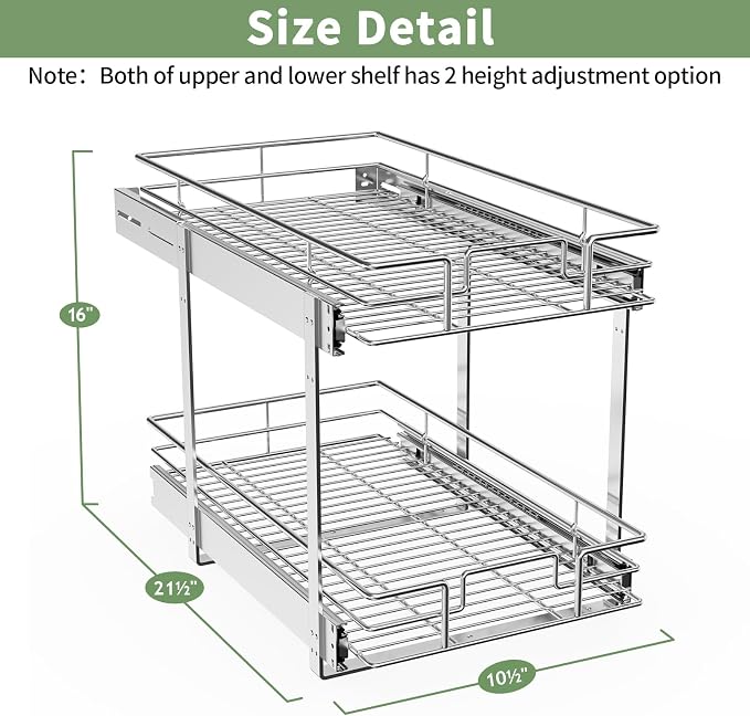 ROOMTEC Pull Out Cabinet Organizer (10½"W x 21½"D),2 Tier Pull Out Storage Shelf Drawer Basket,Sliding Shelves for Base Cabinet Organization in Kitchen, Bathroom, Pantry