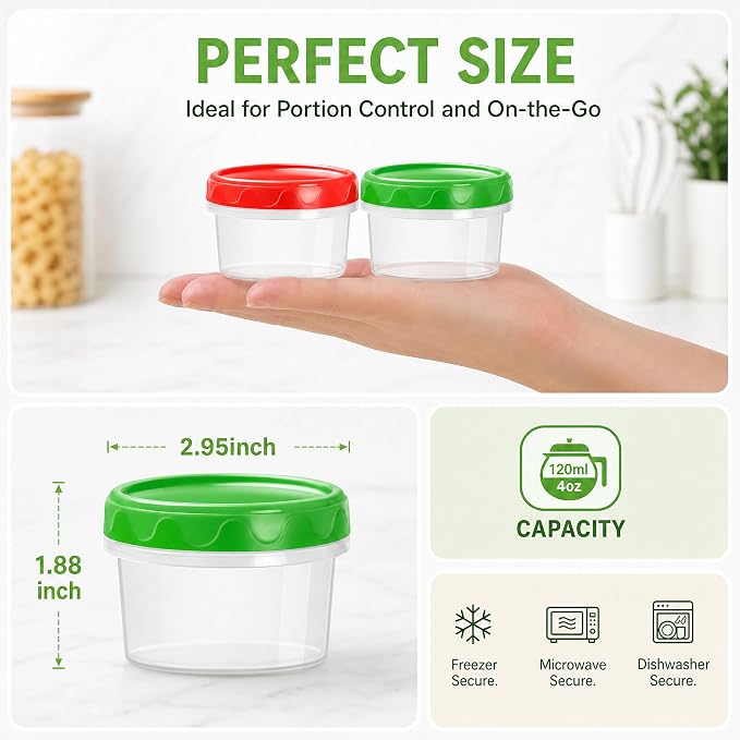 EONJOE 4oz Airtight Plastic Food Storage Containers with Lids, 12pcs | Dishwasher safe ,Freezer safe ,BPA free,Reusable,Round jars ,Perfect for salad dressing sauce lunch to go