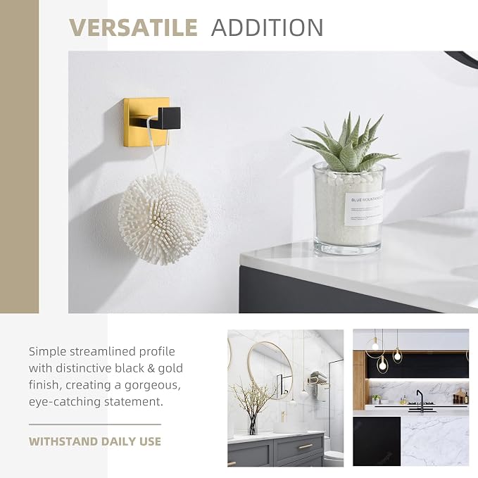 Angle Simple Towel Hook Black & Gold, 304 Stainless Steel Square Robe Bathroom Hook for Wall
