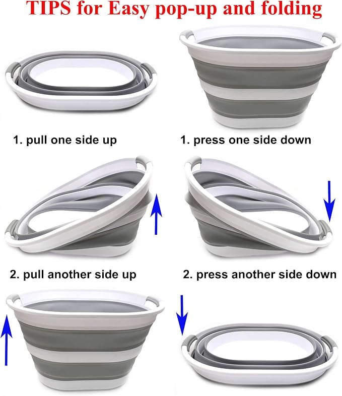 SAMMART 34L(8.98 Gallon) Set of 2 Collapsible Plastic Laundry Basket-Oval Tub/Basket-Foldable Storage Container/Organizer-Portable Washing Tub-Space Saving,Water Capacity 29L(7.66 Gallon) (2, Grey)