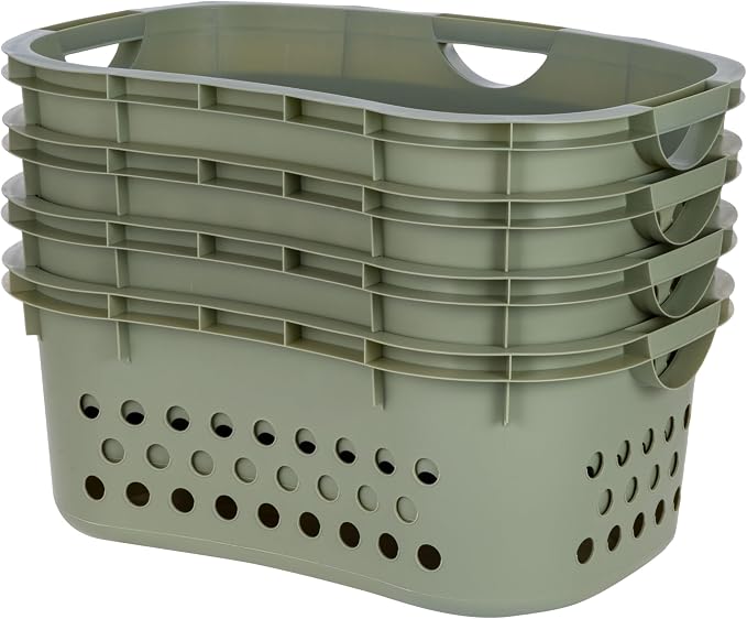 IRIS USA 51L Plastic Hip Hold Laundry Basket with Built-In Comfort Carry Handles 4-Pack, 1.5 Bushel, Clothes Hamper, Laundry Hamper, Ventilation Holes, for Closet Dorm Laundry Room Bedroom, Sage Green