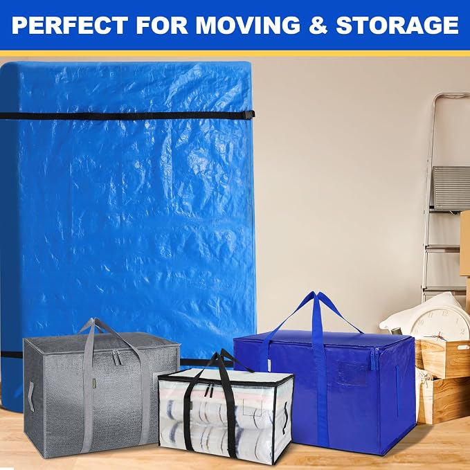 TICONN Mattress Bags for Moving, Heavy Duty Full XL Mattress Cover Storage Bag with Full-Around Handle and Adjustable Buckles (Blue, Full XL)