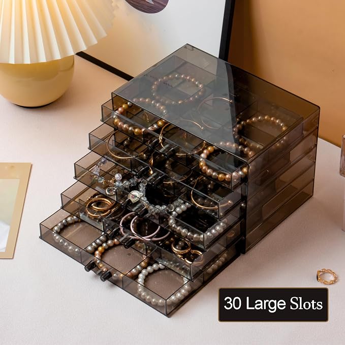 SPAKOWN Earring Organizer, Acrylic Earring Box Large 30 Compartments Jewelry Holder Organizer with 5 Drawers Stackable Earring Bracelet Storage Case Jewelry Boxes for Women (Black)