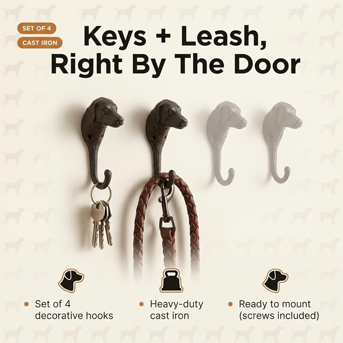 Lulu Decor Cast Iron Dog Face Wall Hooks – Set of 4 Decorative Hooks, Heavy-Duty Wall-Mounted Coat & Key Hooks, Ready to Hang