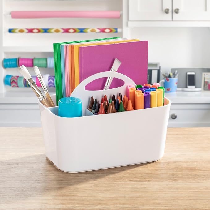 mDesign Plastic Portable Craft Storage Organizer Caddy Tote, Divided Basket Bin w/Handle - Craft, Sewing, Art Supplies - Holds Brushes, Colored Pencils - Lumiere Collection - White, 2 Pack