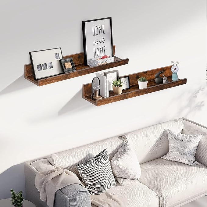 Muzilife 24" Wood Floating Shelves Wall Shelf with Lip, 2Pcs, Brown | FSC-Certified Wood | 20 lbs Capacity | Space-Saving | Hanging Shelf | Wall Decor| Bedroom,Living Room,Bathroom,Kitchen,Office