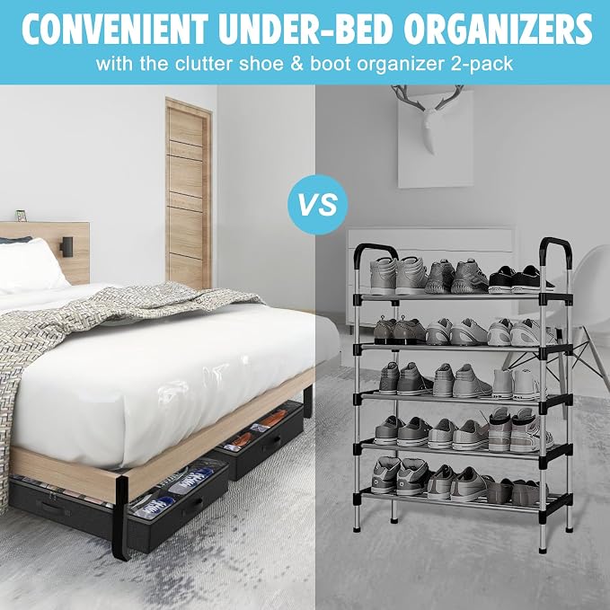 Under Bed Shoe Storage Organizer for Closet, 32 Pairs Sturdy Underbed Shoe Storage Boxes Bins Container Foldable Shoes Storage with Reinforced Handles & Clear Window for College Dorms Black, Set of 2