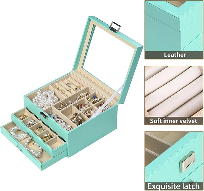 BOOVO Clear Lid Jewelry Box,3 Layers Jewelry Organizer Large Jewelry Storage Box with 2 Drawers,Jewelry Holder Organzier of Rings Earrings Necklace Bracelets for Women (Turquoise, 3 Layer)