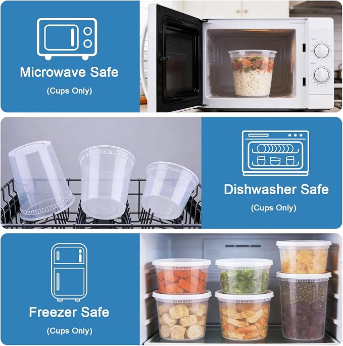 Lamosi 60 Sets Deli Containers with Lids, 8/16/32 oz Quart Containers BPA Free, Airtight Takeout Plastic Food Storage Container, Stackable Leakproof Microwave & Freezer Safe for Soup, Sauce & Leftover