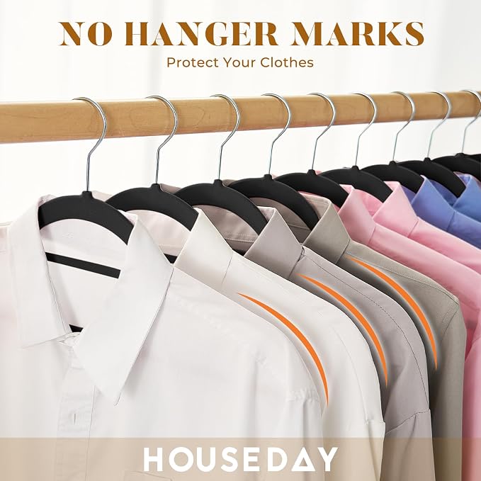 HOUSE DAY Premium Velvet Hangers 60 Pack, Non-Slip Hangers with Tie Bar | Elegance Black Standard Clothes Hanger Slim Felt Hanger with 360° Swivel Hook for Closet Organized Storage，72g/Pc
