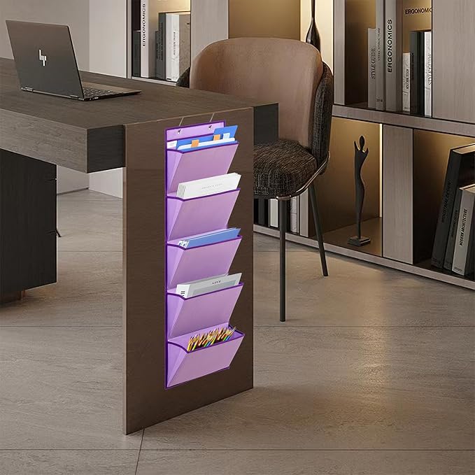 Wall Mounted Hanging Mail Organizer Back to School Paper Organizer File Holder for Classroom Office Organization (5 POCKETS-PURPLE)