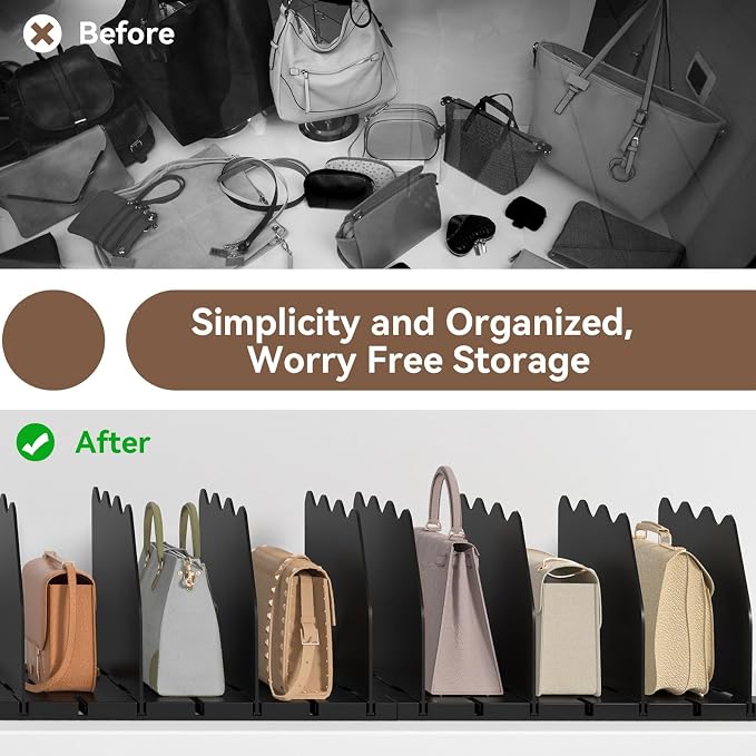 SOYO Adjustable Purse Organizers for Closet, Acrylic Shelf Divider for Bag and Purse Storage, Pocketbook and Handbag Organizer, Bookshelf Separator Organizers for House, Office Use, Black，2pc