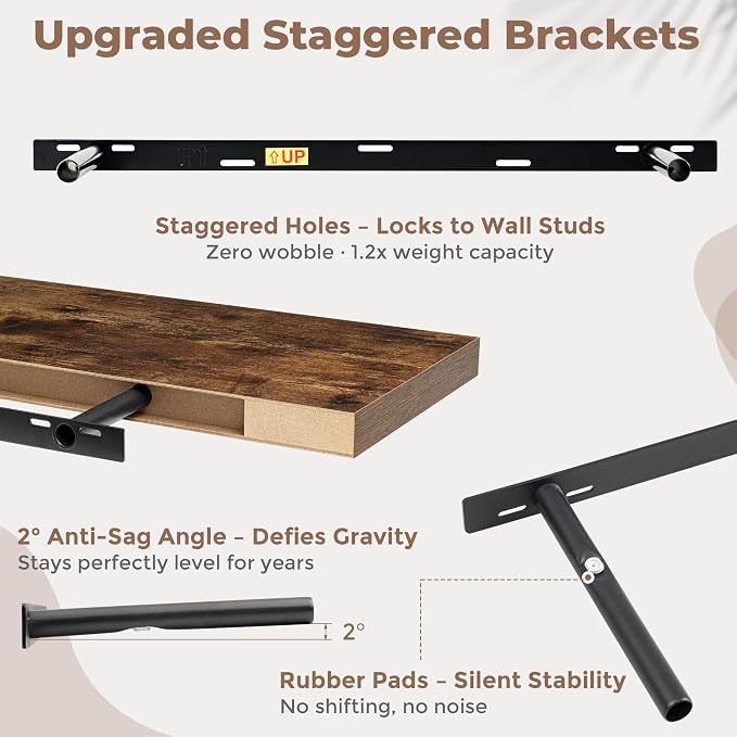 FLYJOE 36 Inch Floating Shelves for Wall Set of 2, 6.5" D Wood Grain Bathroom Shelves with Invisible Brackets, Easy Install Engineered Wood Storage Shelves for Kitchen, Living Room, Bedroom