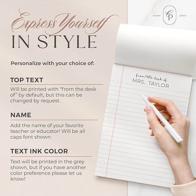 Curio Press Personalized Notepad 50 or 100 Sheets, Custom Stationery Note Pad 3 Sizes - To Do Lists End-of-Year Teacher Gifts Appreciation Note with Name Teacher Stationery Gifts - Notepaper Pad