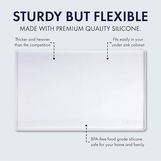 BASIN - Heavy Duty Under Sink Mat - The Original Silicone Under Sink Mats for Kitchen Waterproof - Under Sink Tray for Kitchen Waterproof - Under Sink Cover Kitchen Cabinet Liner White 34.25x22
