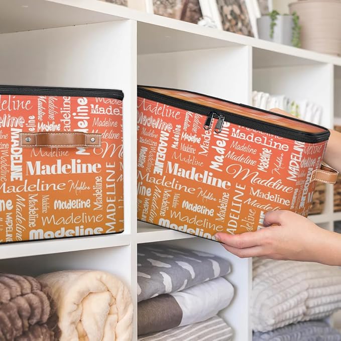 Custom Storage Basket with Name, Personalized Keepsake Box with Zipper Lid, Foldable Fabric Memory Bin Large capacity with Handle Orange