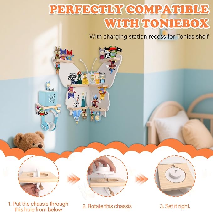 90°Butterfly for Tonies Box 1/2 Tonies Figures Organizer Storage Shelf Corner Wall Mounted, Magnetic Display Collection 30~40 Characters Floating Shelves Storage Player, Earphones