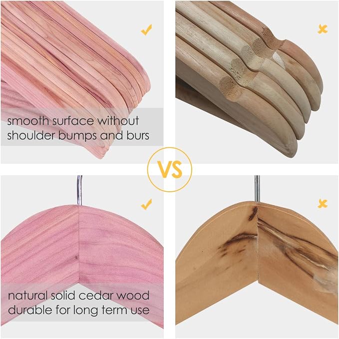 Solid Cedar Hangers 12 Pack, Sturdy Wooden Hangers with 360 Degree Swivel Hook, Smooth Surface Wood Coat Hangers with Cedar Scent for Refreshing Closet