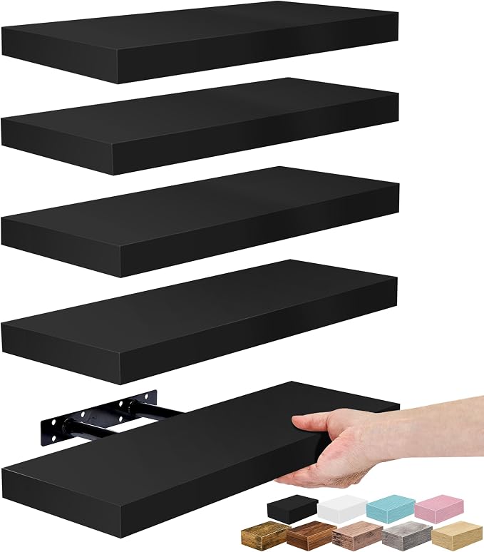 Sorbus Floating Shelves for Wall – 16 Inch Floating Shelf for Kitchen, Bedroom, Living Room, Bathroom, Home & Wall Decor - Mounted Bathroom Shelves with Invisible Brackets (Black, 5 Pack)